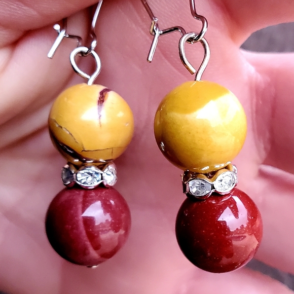 New Mookaite Jasper Round Ball & Rhinestone Earrings. - Picture 12 of 12